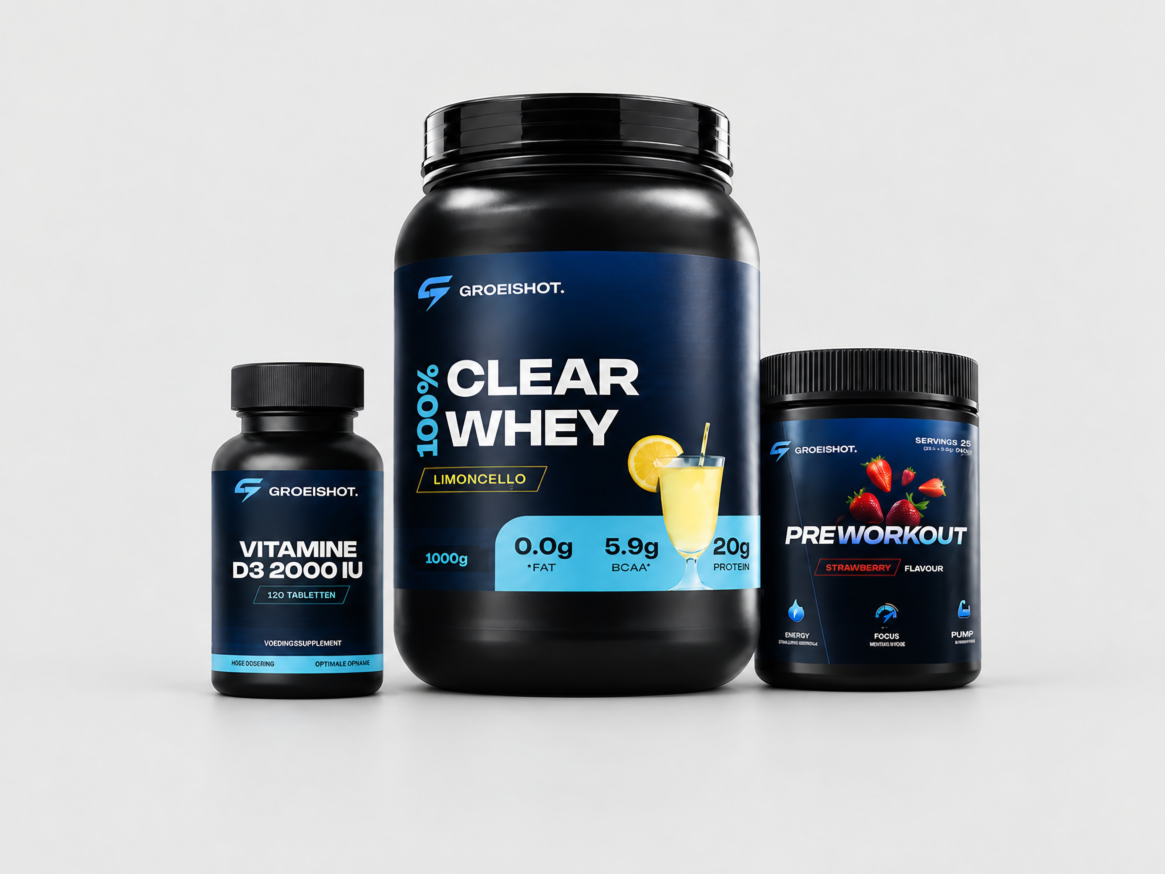 Longevity pakket met Vitamine D3 2000IU, Clear Whey Limoncello en Preworkout Strawberry